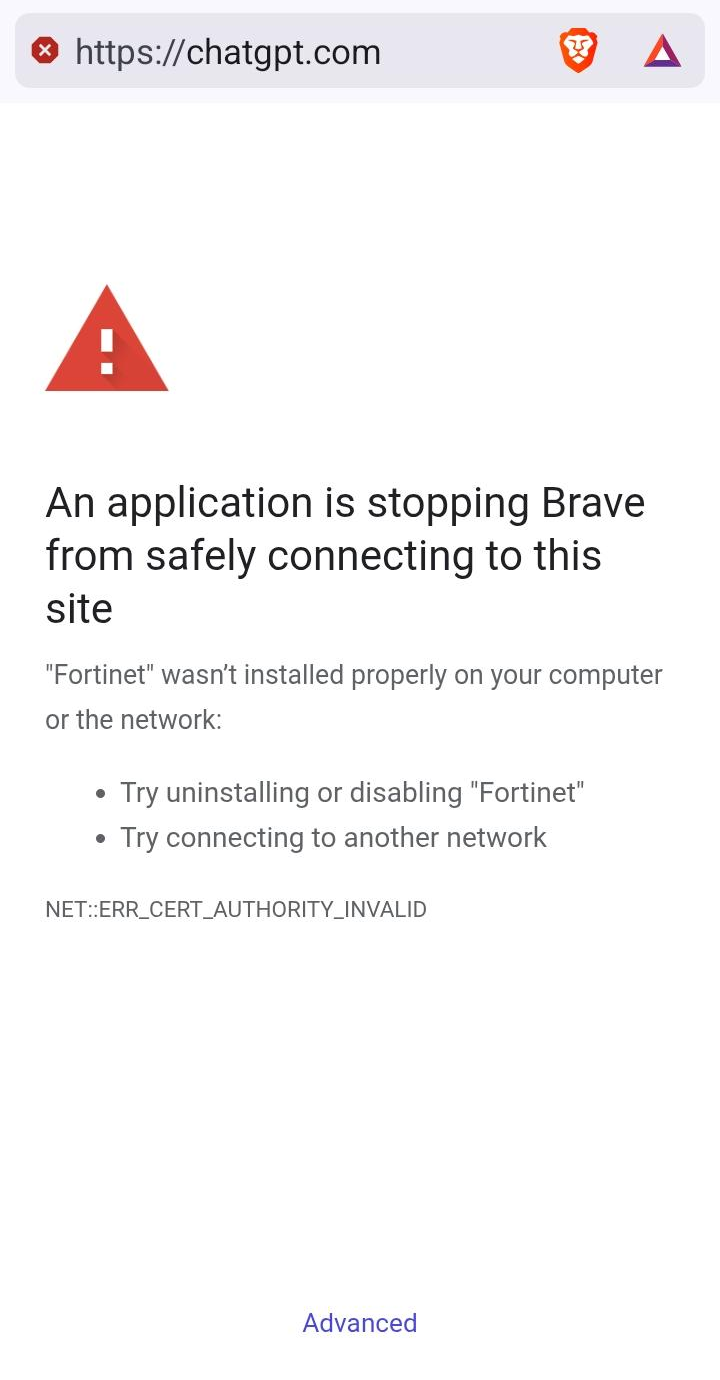 Brave on Android: chatgpt.com fails with the same Fortinet certificate error.